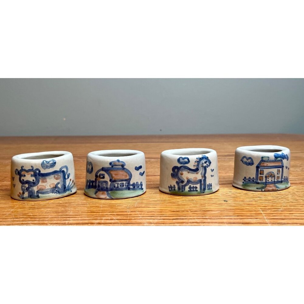 Set of 4 M.A. Hadley Country Scene Blue  Napkin Rings- Cow, Farmhouse, Spotted h